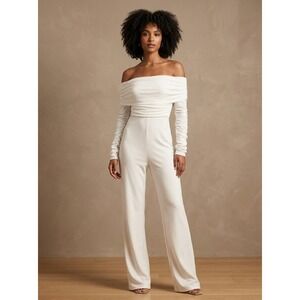 Quiz Jumpsuit Women White Off Shoulder Mesh Sleeve Wide Leg Size E 38